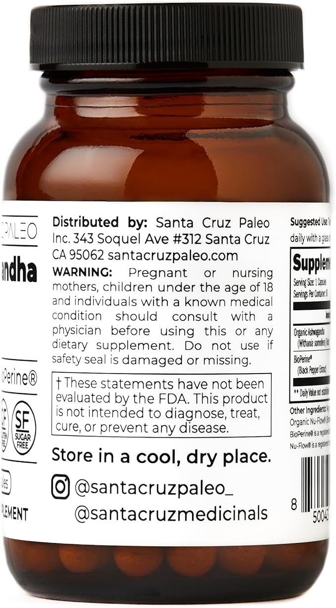Santa Cruz Paleo Ashwagandha Capsules, 600mg Ashwagandha Root per Capsule, Gluten Free, Keto, Sugar Free, Paleo, Supports Energy, Focus, and Relaxation, BioPerine for Fast Absorption, 60 Capsules