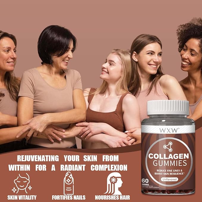 WXW Hydrolyzed Collagen Peptides Gummies for Women, Non-GMO Anti-Aging Formula with Biotin, Zinc, Vitamins C & E for Hair, Skin and Nails | 60ct,Vanilla Unflavored