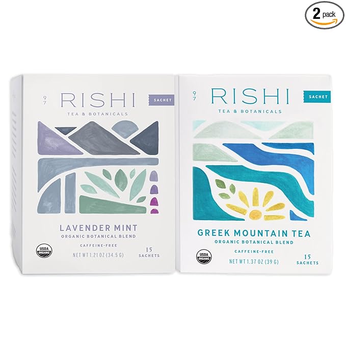 Rishi Tea Lavender Mint & Greek Mountain Herbal Tea - Organic Sachet Tea Bags, Caffeine Free Immune Support Tea Bundle - 15 Count (Pack of 2)