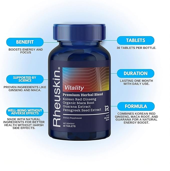 Vitality Supplement for Men – Maca Root, Korean Red Ginseng Rg3, Guarana, L-Arginine, Fenugreek – Energy, Stamina & Performance Booster – 30 Caplets, 860mg