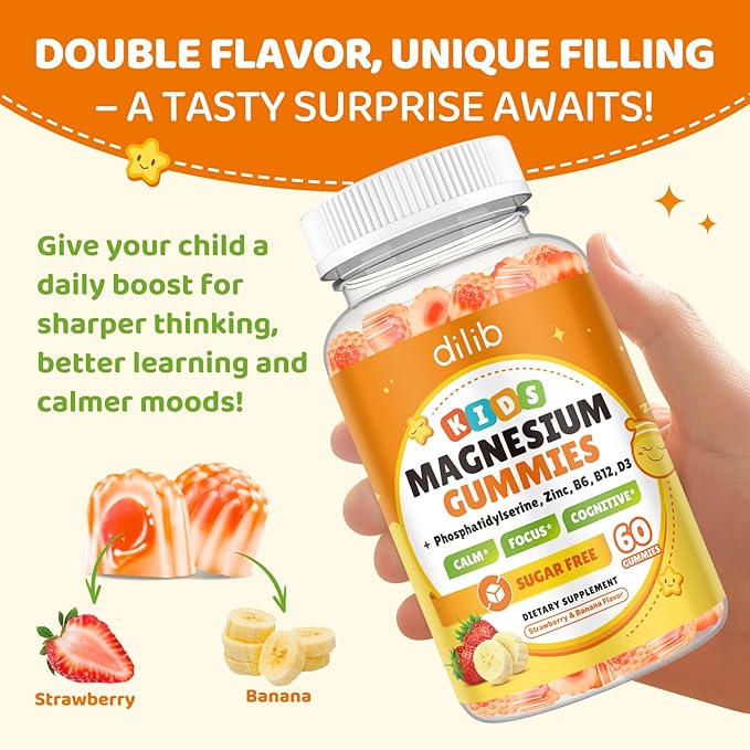 Magnesium Glycinate Gummies for Kids, Brain Supplement for Memory and Focus with Phosphatidylserine, L-Theanine, Zinc for Kids & Adults Sleep Cognition Calm, Strawberry & Banana Flavor 60ct