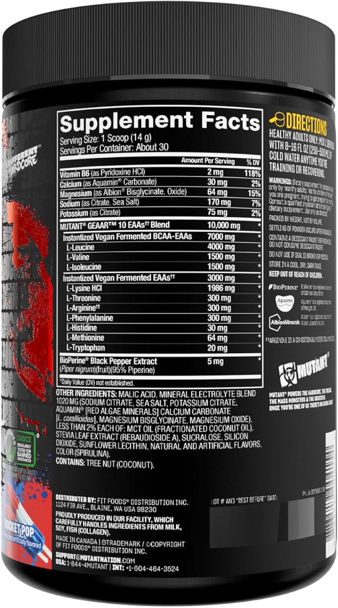 Mutant GEAAR - 9.4g of EAA Powder + Arginine, 7g BCAAs, 4g Leucine, Electrolytes, Coconut Water, No Artificial Colors or Flavors, Delicious Taste - 30 Servings - Rocket Pop - 400g