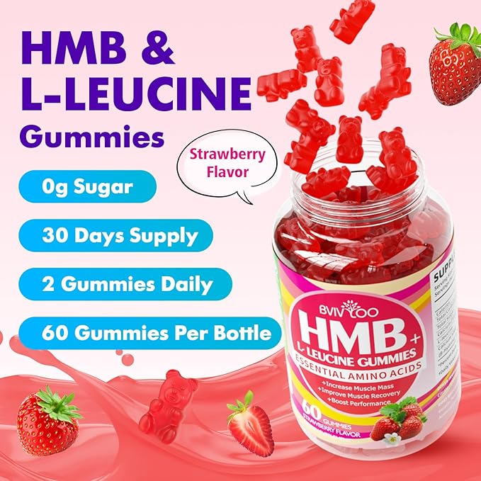HMB and L-Leucine Gummies - 3000mg Combined HMB & L-Leucine per Serving. for Muscle Growth, Muscle Relief & Fast Recovery. Sugar-Free, Strawberry, 60 Gummies