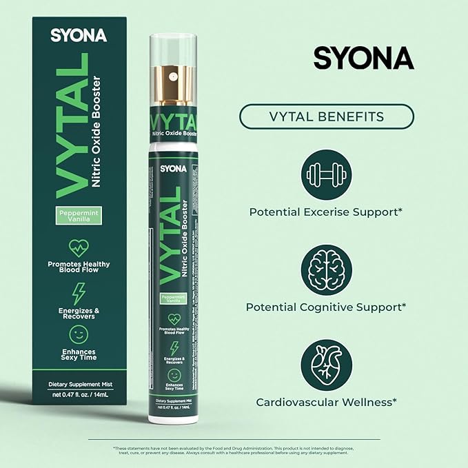 SYONA - VYTAL - Nitric Oxide Boosting Spray - Cardiovascular and Cognitive - Peppermint and Vanilla Flavor - B12, B3, L-Arginine - 14ml Pump Bottle