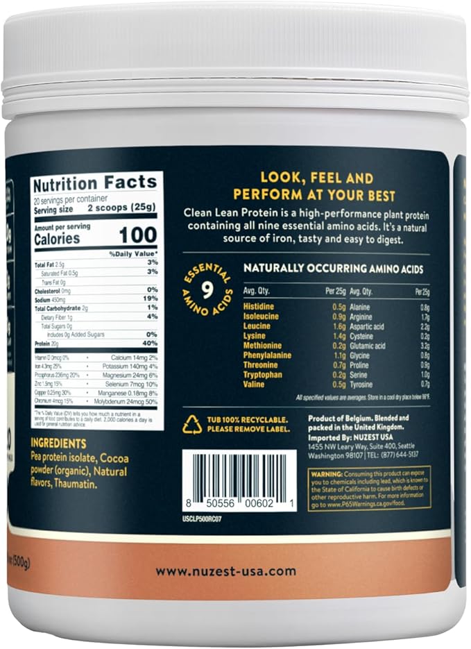 Nuzest - Pea Protein Powder - Clean Lean Protein, Premium Vegan Plant Based Protein Powder, Dairy Free, Gluten Free, GMO Free, Protein Shake, Rich Chocolate, 20 Servings, 1.1 lb