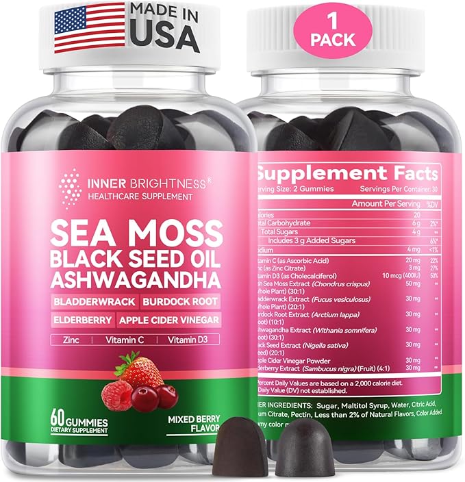 Irish Sea Moss Gummies with Ashwagandha, Elderberry, Apple Cider Vinegar, Bladderwrack, Burdock Root & Black Seed for Immune Support – Mixed Berry Flavor, 60 Count