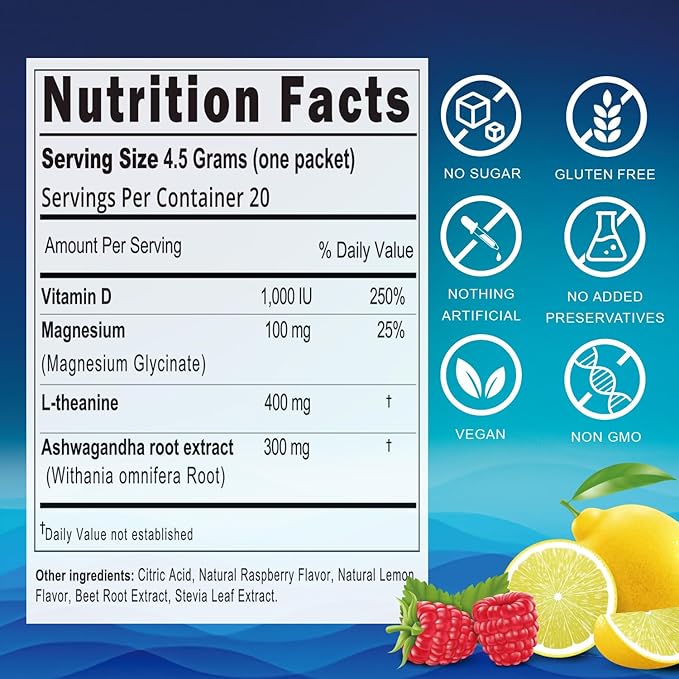 Powdered Drink Mix Calm - Adaptogenic Drink Mix with Magnesium Glycinate, Ashwagandha, Vitamin D, L-Theanine - Sleep Aid, Calm, Relax & Focus - Vegan, No Sugar- Raspberry Lemonade - 20 Sticks