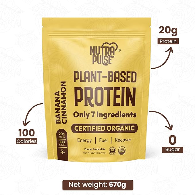 Banana Cinnamon Vegan Protein Powder – 20g Plant-Based Protein – Organic, Non-GMO, Gluten-Free, Soy-Free – Ideal for Smoothies, Shakes, Baking – 1 Pack (20 Servings)