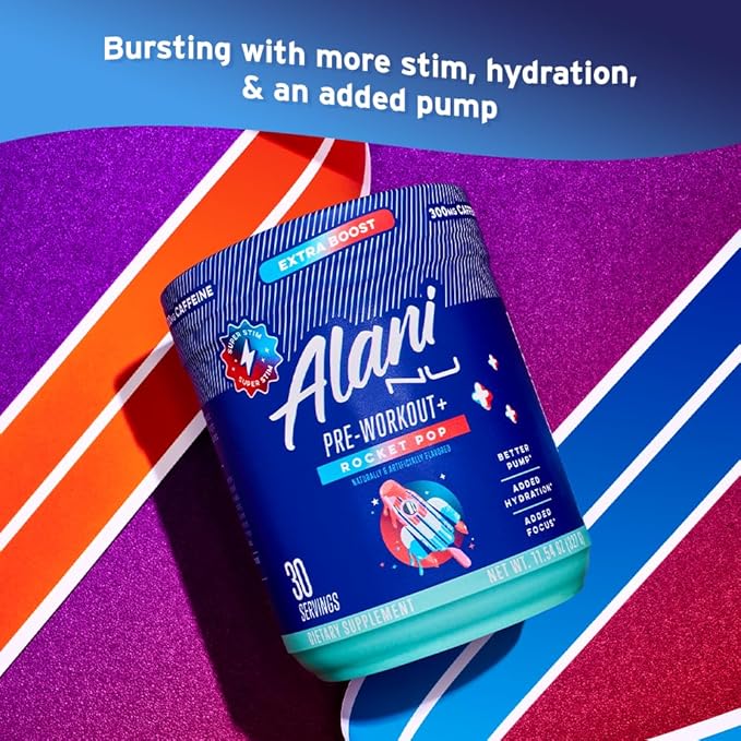 Alani Nu Pre Workout+ Powder Rocket POP, Extra Boost, Sugar Free, 300mg Caffeine, L-Theanine, Beta-Alanine, Citrulline, 30 Servings