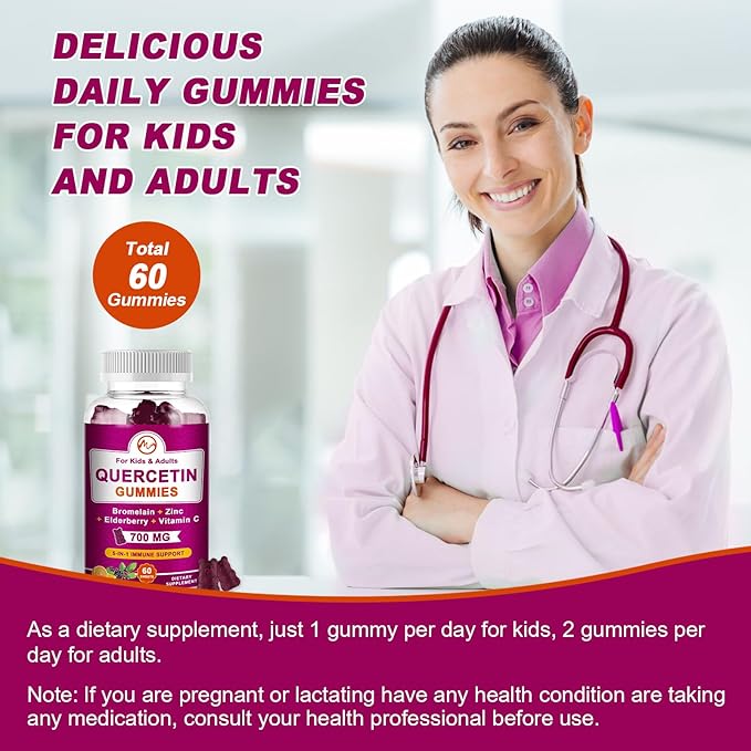Quercetin Gummies with Bromelain, Elderberry, Zinc and Vitamin C - Chewable Quercetin 700 mg Supplement for Immunity, Allergy, Antioxidant Support - Vegan Gummies, 60 Gummies