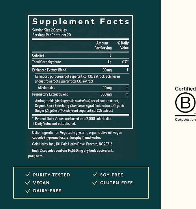 Gaia Herbs Quick Defense - Fast-Acting Immune Support Supplement for Use at Onset of Symptoms - with Echinacea, Black Elderberry, Ginger & Andrographis - 40 Vegan Liquid Phyto-Capsules (4-Day Supply)