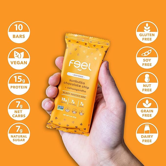 Feel Vegan Protein Bars | Sunbutta Chocolate Chip | Keto | Gluten Free | Organic | Ashwagandha | 15g Plant Protein | Low Carb | High Protein | Dairy Free | Low Sugar | Grain Free | Nut Free | Soy Free | Non GMO - (Sunbutta Choco Chip, 10 Pack)