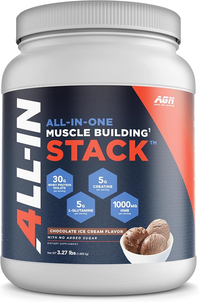All-in-One Muscle Building Stack - Chocolate Whey Protein Isolate, Creatine Monohydrate, HMB, and L-Glutamine, 4 Products in one, Nothing Artificial, 30 Servings
