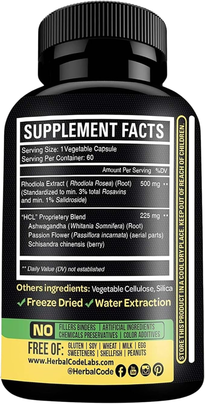 Rhodiola Rosea Supplement High Potency Extract 500mg - 3% Rosavins 1% Salidrosides with Ashwagandha Shisandra Passion Flower Herb Powder Capsules - Natural Way to Relieve Stress - Pills for Energy