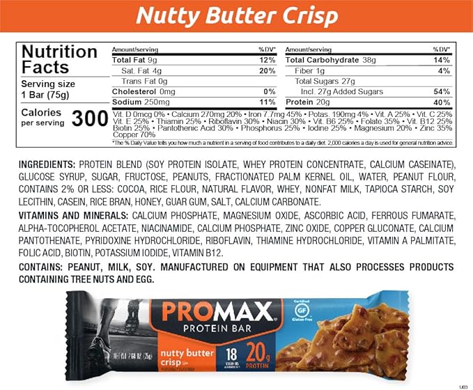 Promax Protein Bar, Nutty Butter Crisp, 20g High Protein, Gluten Free, 12 Count