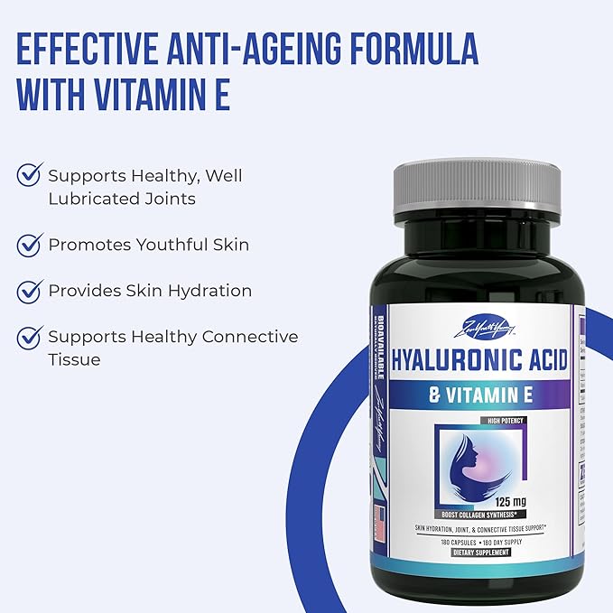 zyy Hyaluronic Acid Supplements with Vitamin E - Daily Anti Aging Beauty Supplement for Healthy Skin, Hair and Eyes, Supports Joint Lubrication & Immune System - No-GMO & Gluten-Free - 180 Capsules