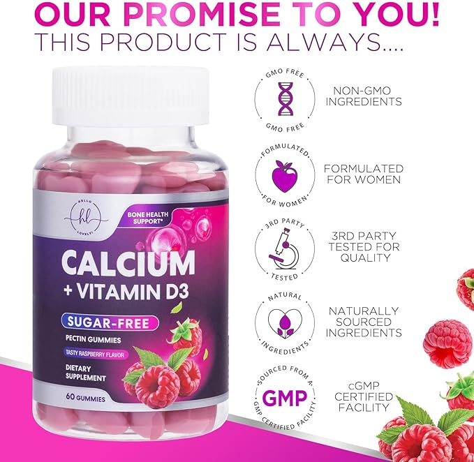 Sugar-Free Calcium Supplements for Women + 400 IU Vitamin D3 - Calcium Chews Gummy for Bone & Immune Support, Supports Teeth & Bone Strength, Chewable Calcium Supplement for Women & Men - 60 Gummies