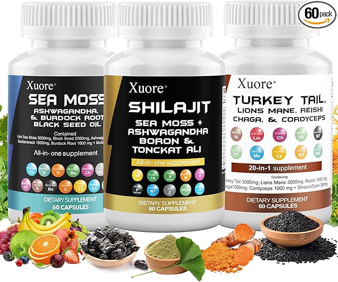 Sea Moss, Black Seed Oil, Ashwagandha, Ginger & Shilajit, Rhodiola Rosea, Panax Ginseng,Lions Mane, Turkey Tail, Reishi, Cordyceps, Chaga All in 1 Supplements (1 Pack)