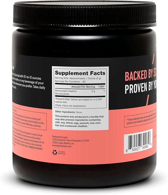 LEGION Micronized Creatine Monohydrate Supplement - Clean Creatine Powder for Muscle Gain & Post Workout Recovery - Micronized Creatine Supplement for Maximum Absorption (60 Servings, Unflavored)