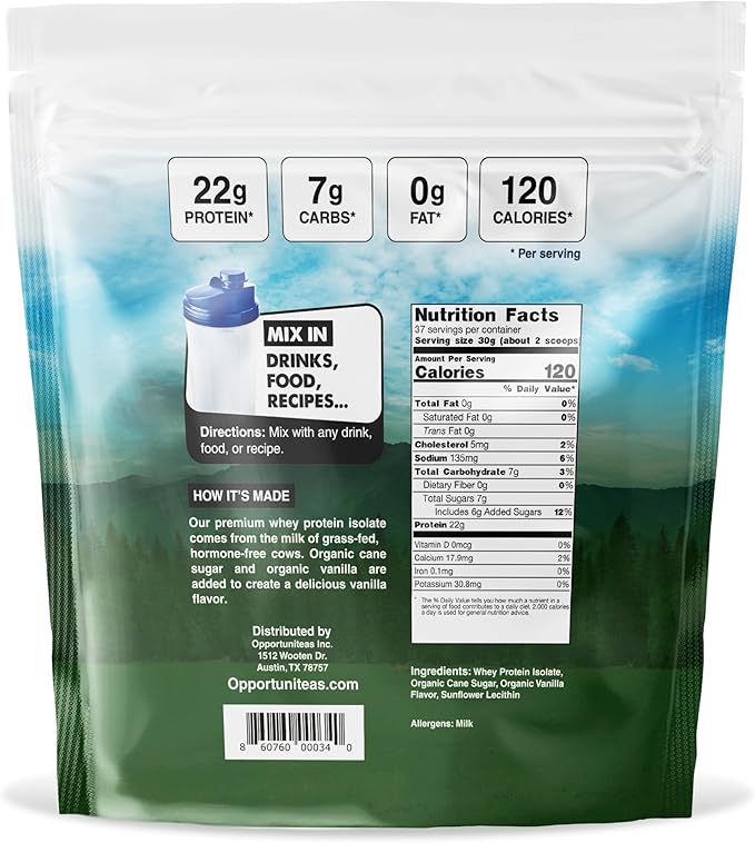 Opportuniteas Grass Fed Vanilla Whey Protein Isolate Powder - 22g Protein Powder Without Artificial Sweeteners, Hormone-Free Cows, Non GMO - 2.5lb