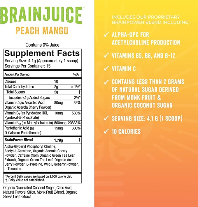 BrainJuice Active Pomegranate Acai Daily BrainPower Mix - 15 Servings (2.2 Oz, Peach Mango)