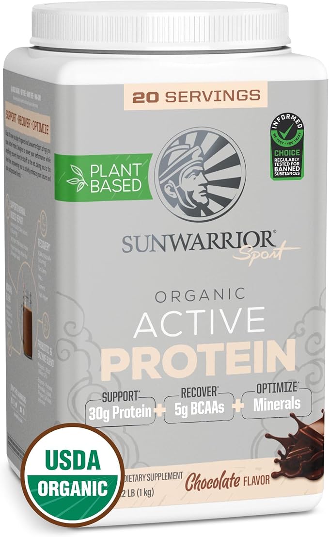 Sunwarrior Vegan Protein Powder Plant-Based USDA Organic BCAAs 30g per Serving | Sugar, Gluten, Dairy Free Non-GMO | Chocolate Flavored, 20 Servings | Active Sport
