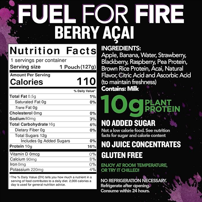 Fuel for Fire VEGAN Protein Smoothie Squeeze Pouch - Berry Acai (24-Pack) | Healthy Snack & Recovery | No Sugar Added, Dietitian Approved | Plant Based Functional Fruit Smoothies (4.5oz pouches)