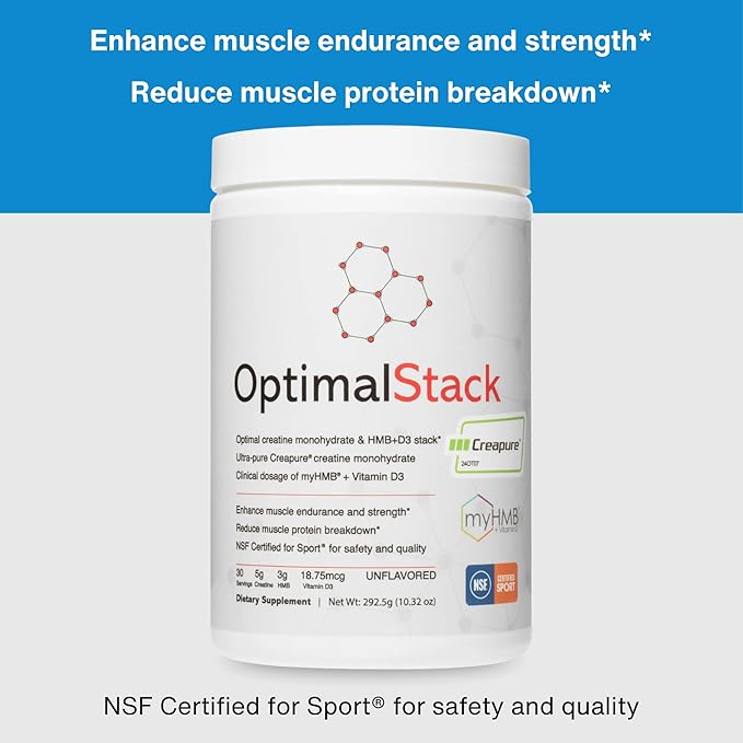 OptimalStack Creatine Monohydrate, HMB, & Vitamin D3 Stack | with Creapure Creatine, Clinical Dosage of myHMB, and Vitamin D3 | NSF for Sport Certified | Unflavored, 30 Servings