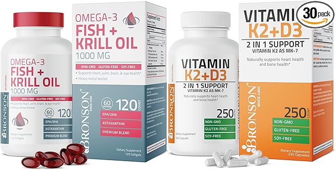Bronson Vitamin K2 (MK7) with D3 Supplement Omega-3 Fish + Krill Oil 1000 MG
