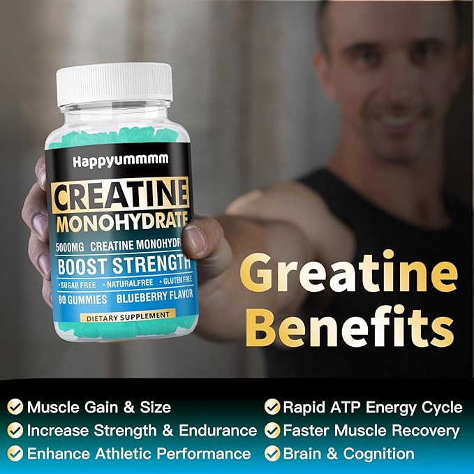 Creatine Monohydrate Gummies 5000mg for Men & Women, Chewables Creatine Monohydrate for Muscle Strength, Muscle Builder, Energy Boost, Pre-Workout Supplement(180 Count)-Blueberry 2pack