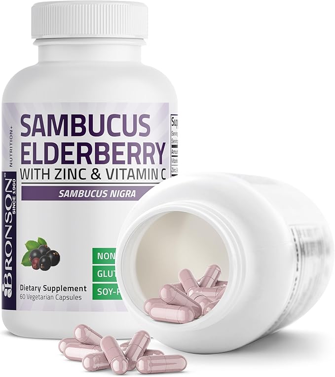 Bronson Sambucus Elderberry with Zinc & Vitamin C Triple Immune Support Complex Immune & Antioxidant Protection, Non-GMO, 60 Vegetarian Capsules