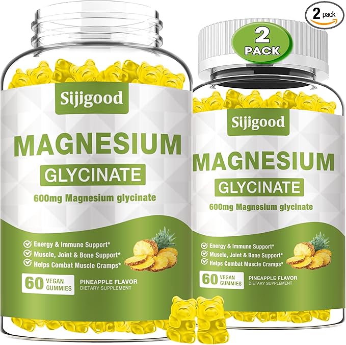 2 Pack Magnesium Glycinate Gummies 600mg, Relaxation & Zzz Support, Magnesium Potassium Supplement for Adults and Kids Sugar-Free, Vitamin C B6 B12 D3 and CoQ10, Pineapple Flavor, 120 Count