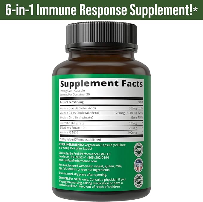 Immune Support Supplement with 6 Top Ingredients. Vitamin D3 K2 + Vitamin C + Elderberry + Zinc + Quercetin. Includes 5000 IU Vitamin D. Zinc 15mg. Immunity Capsules. Supplements for Women and Men
