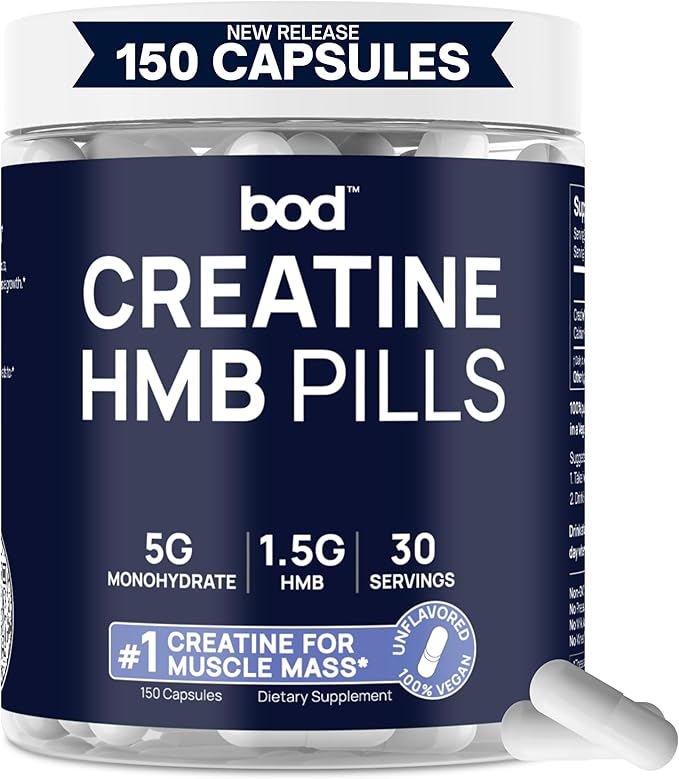 BOD Creatine Capsules Pills for Muscle Support, Endurance, No Bloat, No Load, Unflavored Creatine for Women and Men, Vegan, (Creatine HMB Capsules)