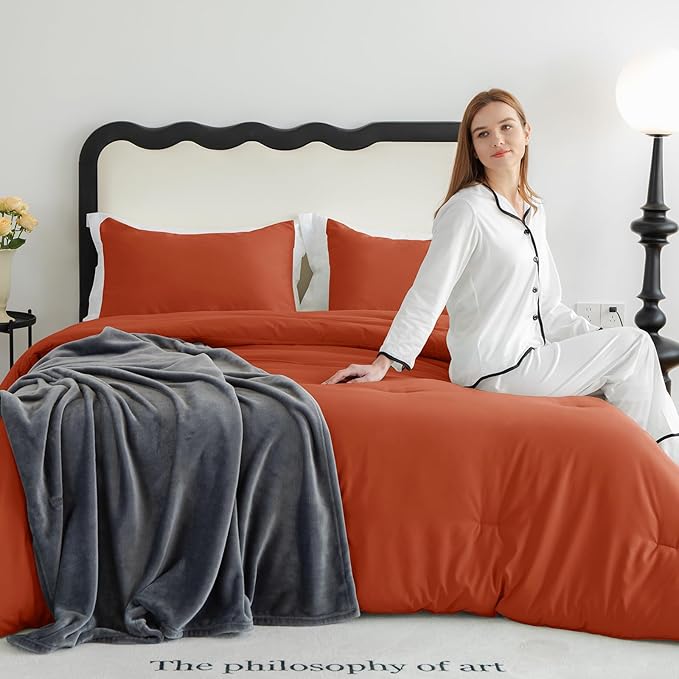 CozyLux Burnt Orange California King Comforter Set, 3 Pieces Cal King Terracotta Solid Breathable Boho Style Bedding Sets, Cozy Soft Microfiber Quilt Comforter All Season(1 Comforter & 2 Pillowcases)