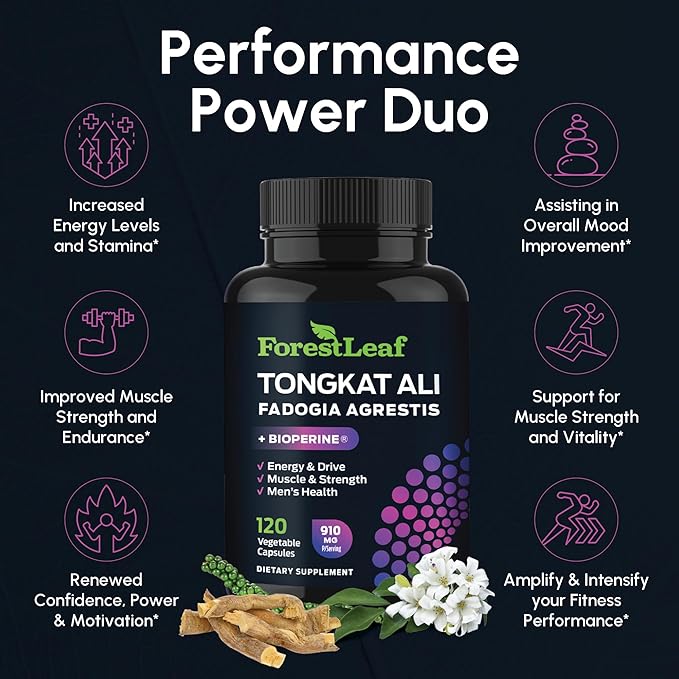 Tongkat Ali and Fadogia Agrestis for Men Supplement w/BioPerine - Tonkat-Ali Max Strength 200:1 Extract - Long Jack Tongkat-ali for Men - Muscle Growth, Performance & Energy - 120 Powder Capsules