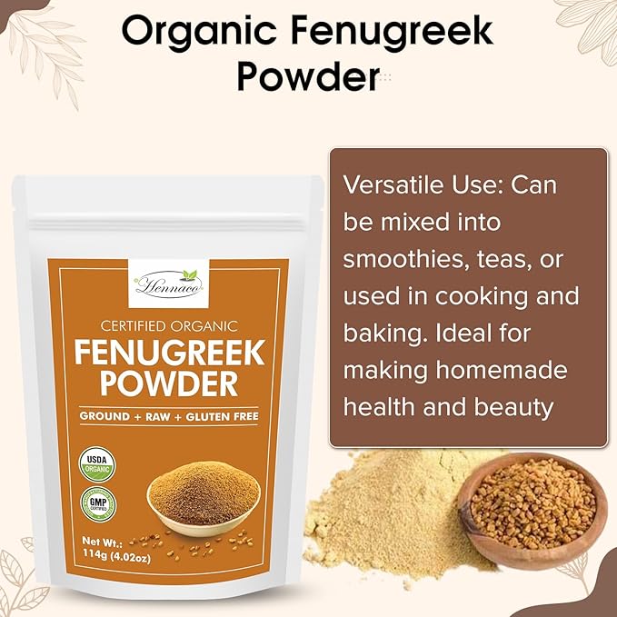 hennaco Organic Fenugreek Powder Powder | USDA Organic | GMP Certified | Pure & Natural Fenugreek Powder for Culinary, Skin and Hair | No Preservatives| Chemical Free | 114 Grams (4 OZ)