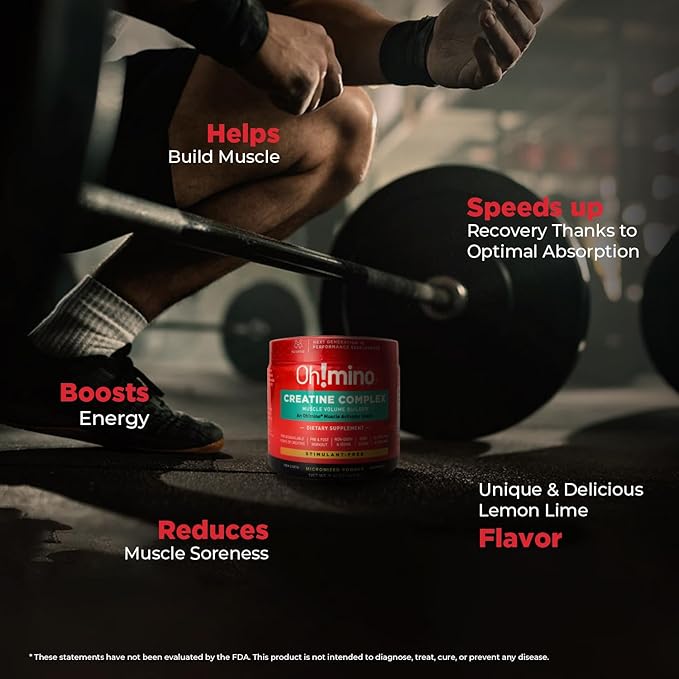 Oh!mino Creatine Powder for Muscle Growth - Pre & Post Workout Muscle Recovery Supplement, Micronized Creatine Monohydrate & Hydrochloride Blend - Vegan, Zero Sugar - 160g, 40 Servings (Lemon Lime)