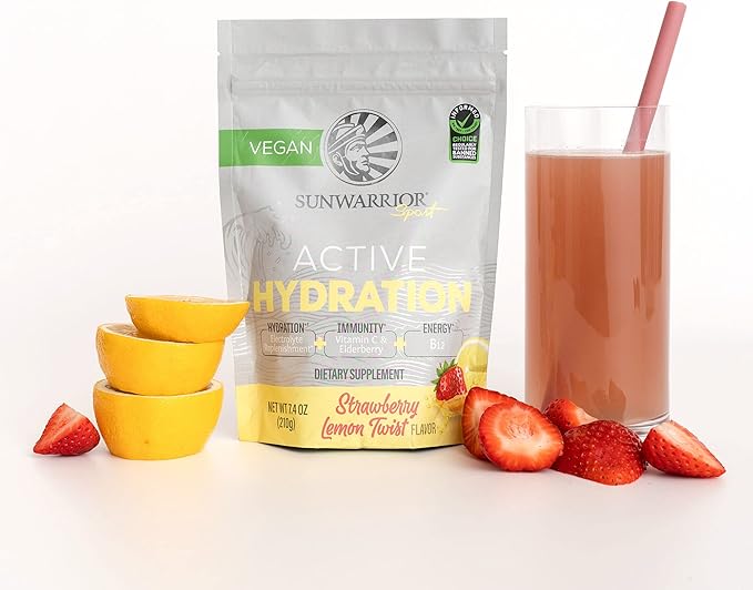 Sunwarrior Vegan Hydration Blend Electrolyes Supplement | Elderberry Coconut Water Real Salt Soy Free Sugar Free Synthetic Free Gluten Free Dairy Free | Strawberry 30 Servings | Active Hydration