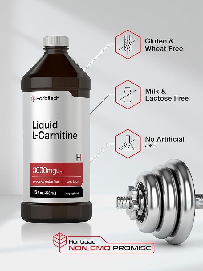 Horbäach L-Carnitine Liquid 16 oz | 3000 mg | Berry Flavor | Vegetarian Formula | Non-GMO, Gluten Free Supplement