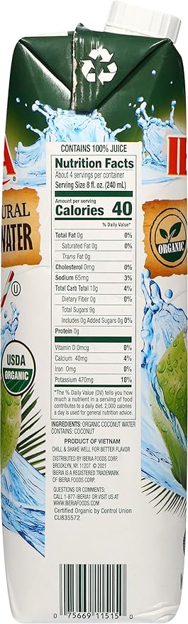 Iberia 100% Pure Organic Coconut Water, 1 Liter , 33.8 Fl Oz (Pack of 3)