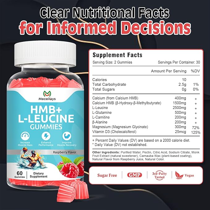 2 Pack HMB & L-Leucine Gummies 4000mg (120 Count) - Sugar Free, Vegan, Non-GMO, Gluten Free - Supports Muscle Growth, Recovery & Endurance for Men, Women & Elder - Raspberry Flavor