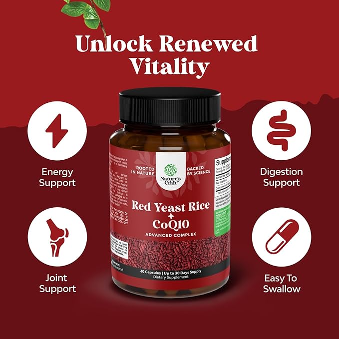 Red Yeast Rice with CoQ10 Supplement - Extra Strength Red Yeast Rice 1200 mg. Capsules with CoQ10 100mg Per Serving - Heart Health Supplement 3rd Party Tested Vegan Non-GMO & Citrinin-Free (1 Month)