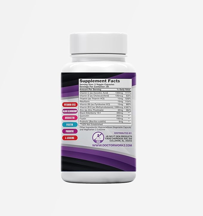 IMPACT IMMUNITY 12-IN-1 Immune System Support with Elderberry, Vitamin C, B6, B12, Riboflavin (B2), Zinc, D3, Quercetin, Thiamin Fisetin, L-Leucine & Probiotic-Made in USA- (90 Count)