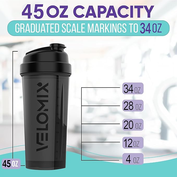 -2 Pack- 45 oz Protein Shaker Bottles for Protein Mixes - 2x Wire Whisk | Leak Proof Shaker Cups for Protein Shakes | Protein Shaker Bottle Pack | Shakers for Protein Shakes-Black&Transparent