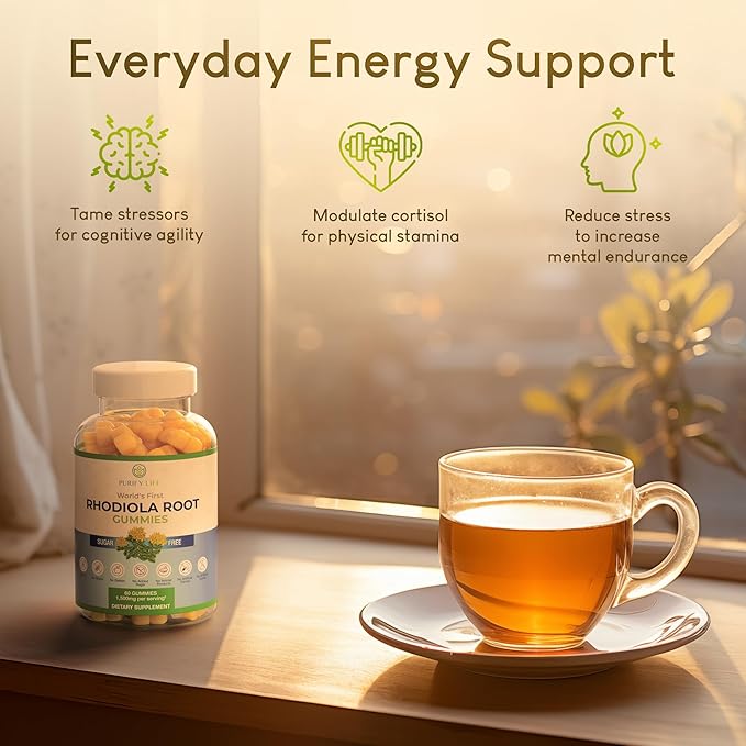 Purify Life Sugar-Free Rhodiola Rosea Gummies (1500mg/Serving) Cortisol Detox & Adrenal Support Supplement - Adaptogenic Rhodiola for Mood, Motivation, Stamina & Performance, Non-GMO, 60 Vegan Chews
