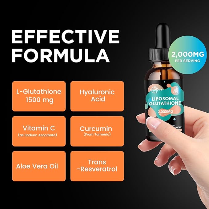 Liposomal Glutathione Supplement - 2000mg Glutathione Liquid Drops with Vitamin C, Curcumin & Trans-Resveratrol - Powerful Antioxidant for Immune, Skin Health, Aging Defense & Liver Detox - 2 Fl Oz