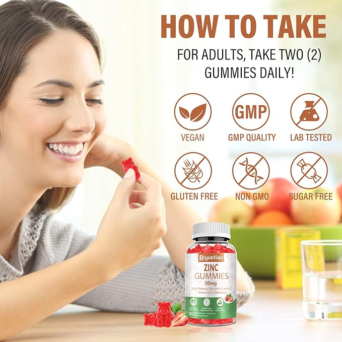 Zinc Gummies 50mg - Vitamin C, D3 & Elderberry, Echinacea, Zinc Immune Health Gummies, Non-GMO, Natural Antioxidant Supplements for Men & Women, Vegan 2 Pack