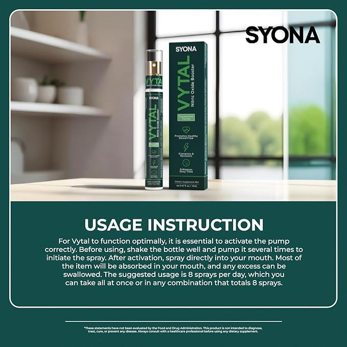 SYONA - VYTAL - Nitric Oxide Boosting Spray - Cardiovascular and Cognitive - Peppermint and Vanilla Flavor - B12, B3, L-Arginine - 14ml Pump Bottle