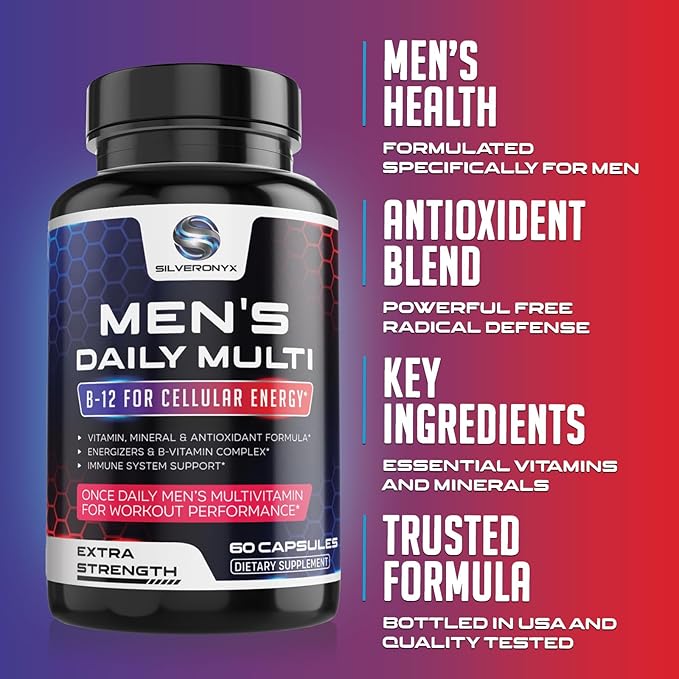 Mens Multivitamin Supplement Daily Men's Multivitamins & Multiminerals with Vitamin A, C, D, E, B12, Zinc for Immune Support & Essential Vitamins for Energy, Focus and Men's Health - 60 Capsules